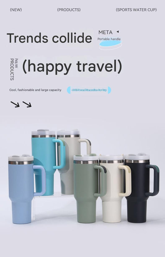 40-ounce insulated water bottle made of stainless steel with a straw handle