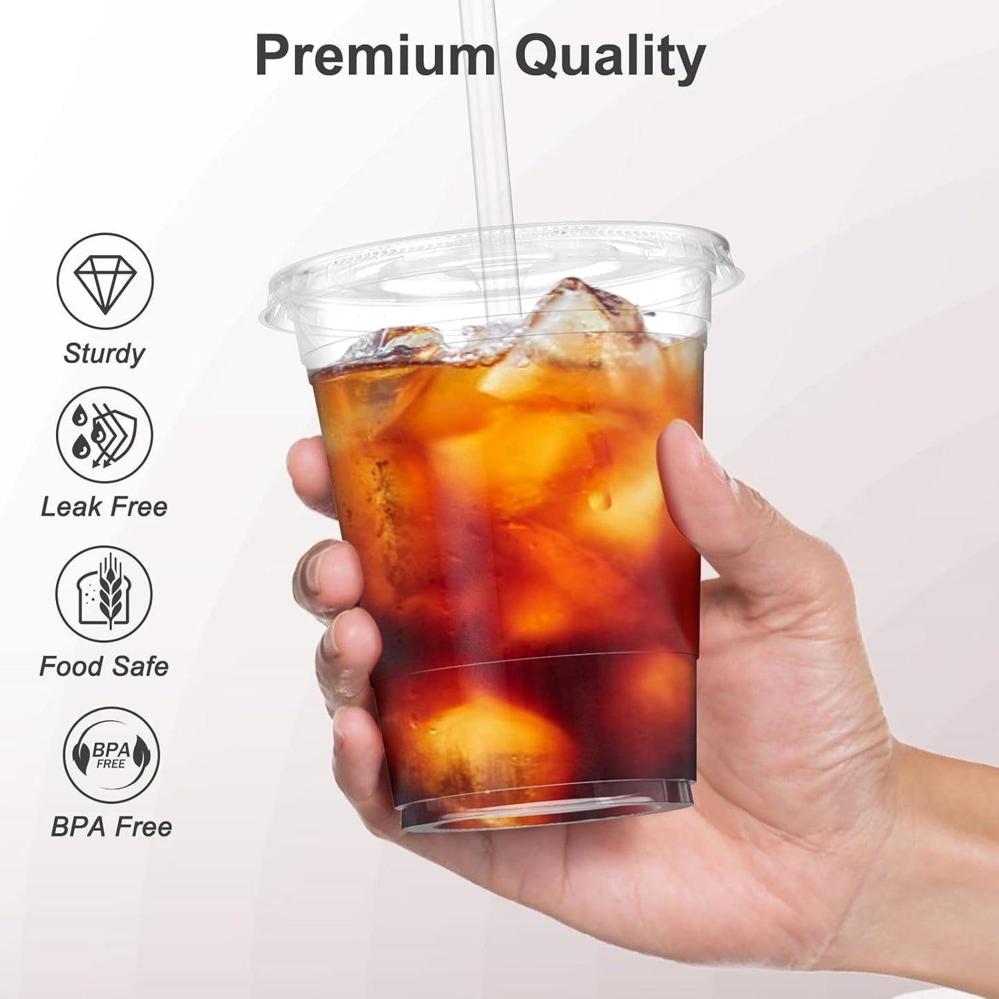 Pack of 100 - 16 oz clear plastic disposable iced coffee cups with lids.