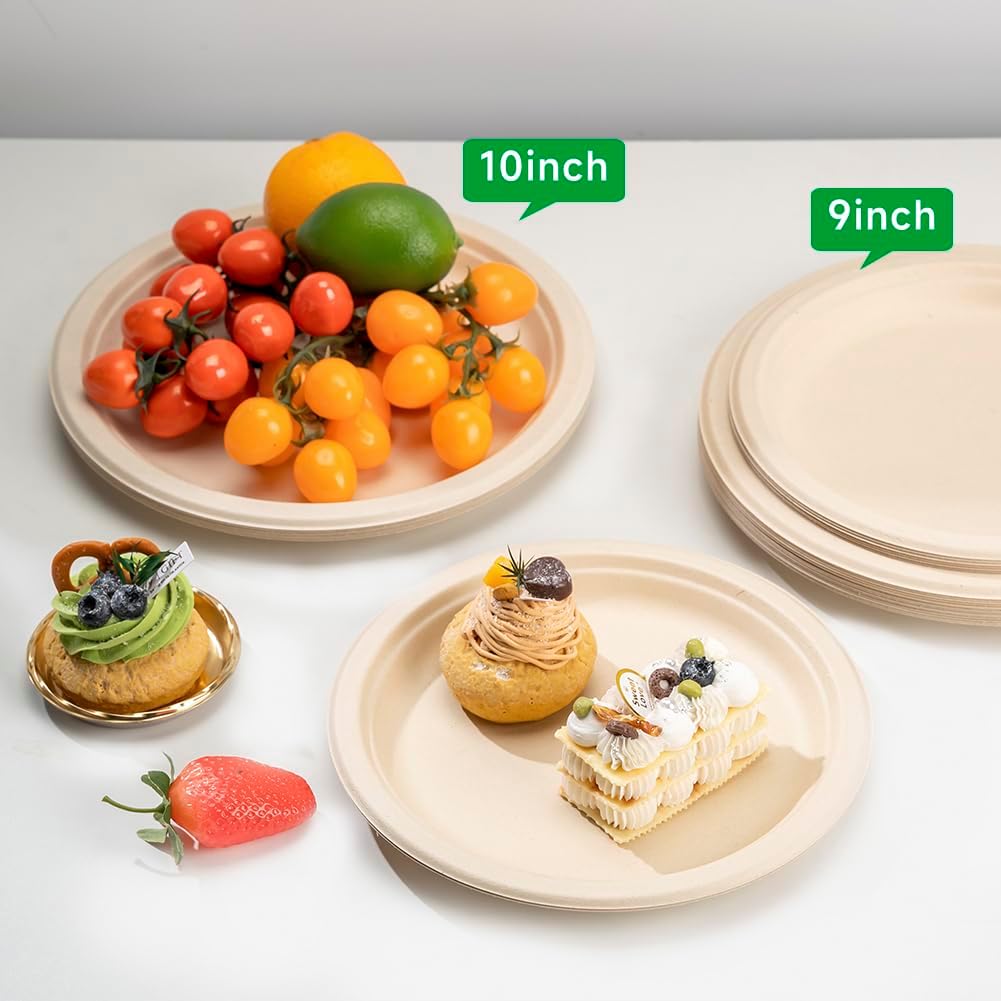 Disposable Paper Plates 9 Inch [Pack of 100], Durable Biodegradable Paper Plates, Eco-Friendly Compostable