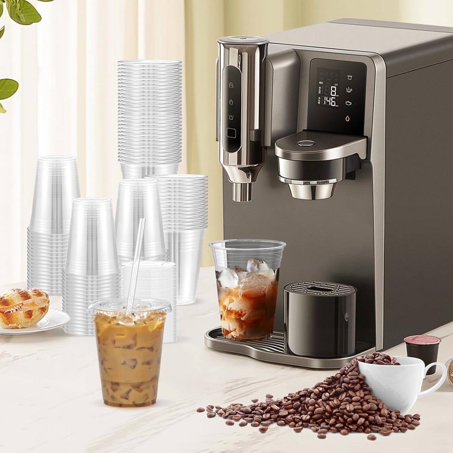Pack of 100 - 16 oz clear plastic disposable iced coffee cups with lids.