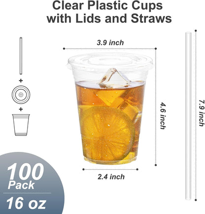 Pack of 100 - 16 oz clear plastic disposable iced coffee cups with lids.