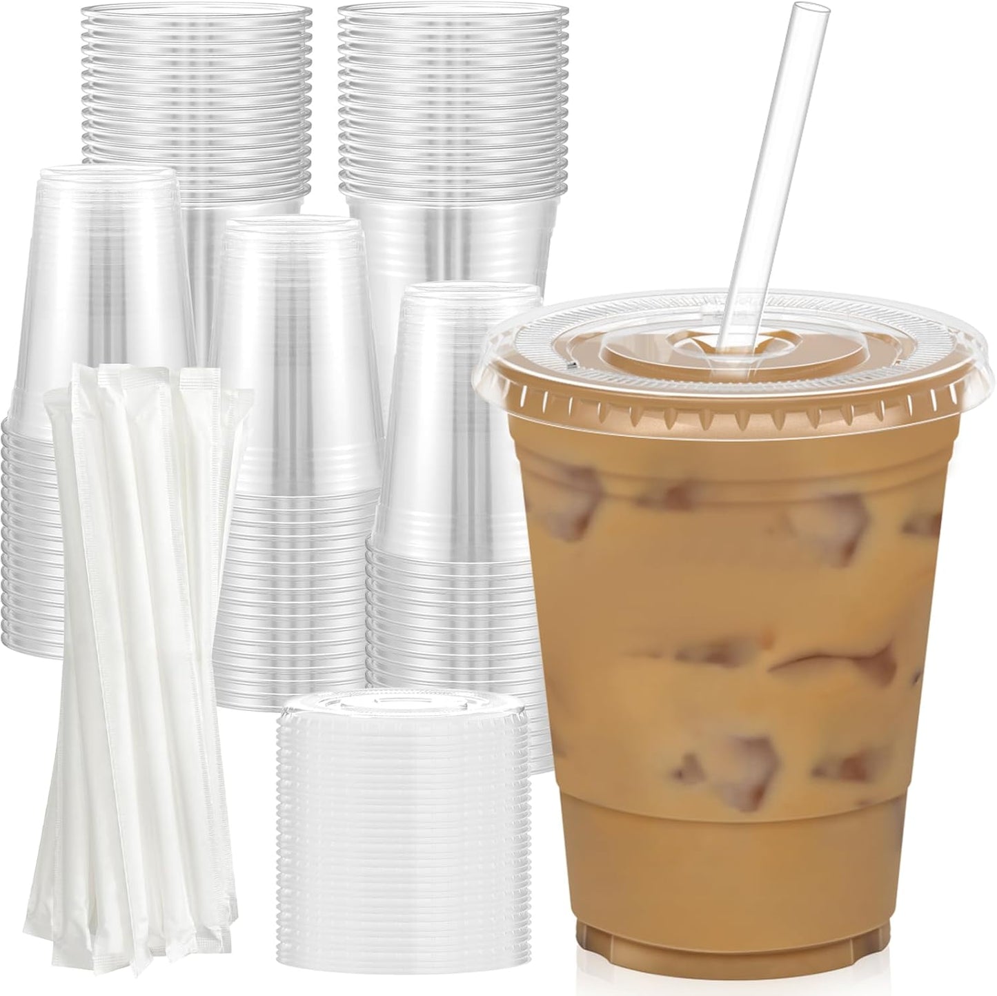 Pack of 100 - 16 oz clear plastic disposable iced coffee cups with lids.