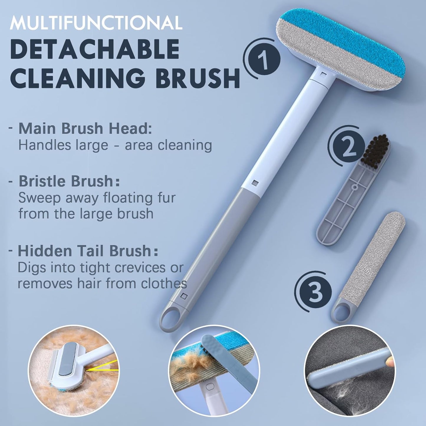 Washable pet hair removal tool with retractable handle