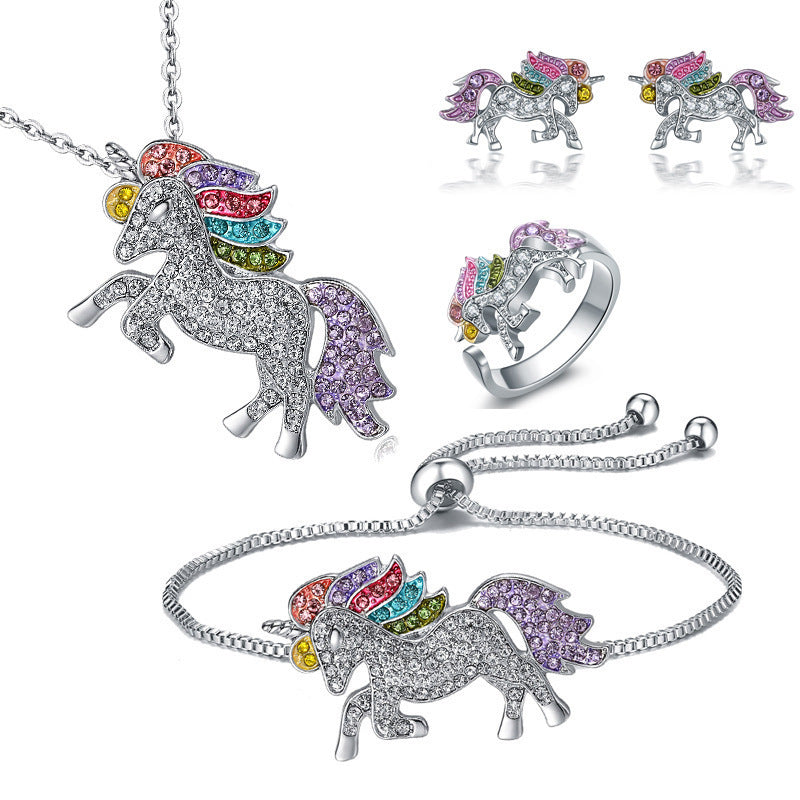 Most popular unicorn ring, bracelet, necklace, earrings, colorful pony set
