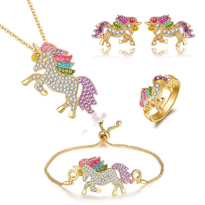 Most popular unicorn ring, bracelet, necklace, earrings, colorful pony set