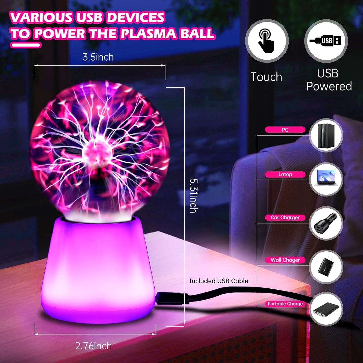3.5 Inch Plasma Ball Lamp - Touch and Sound Sensitive Electric Globe with Lightning Effects - Plug-in Energy Ball for Parties, Room Decor, and STEM Learning - Static Electricity Sphere for Kids